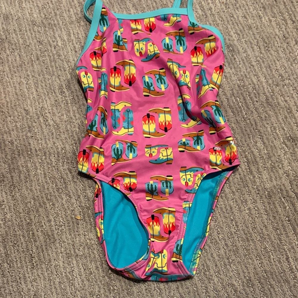 Girls' Pink cowboot Print One-Piece Swimsuit  nwot